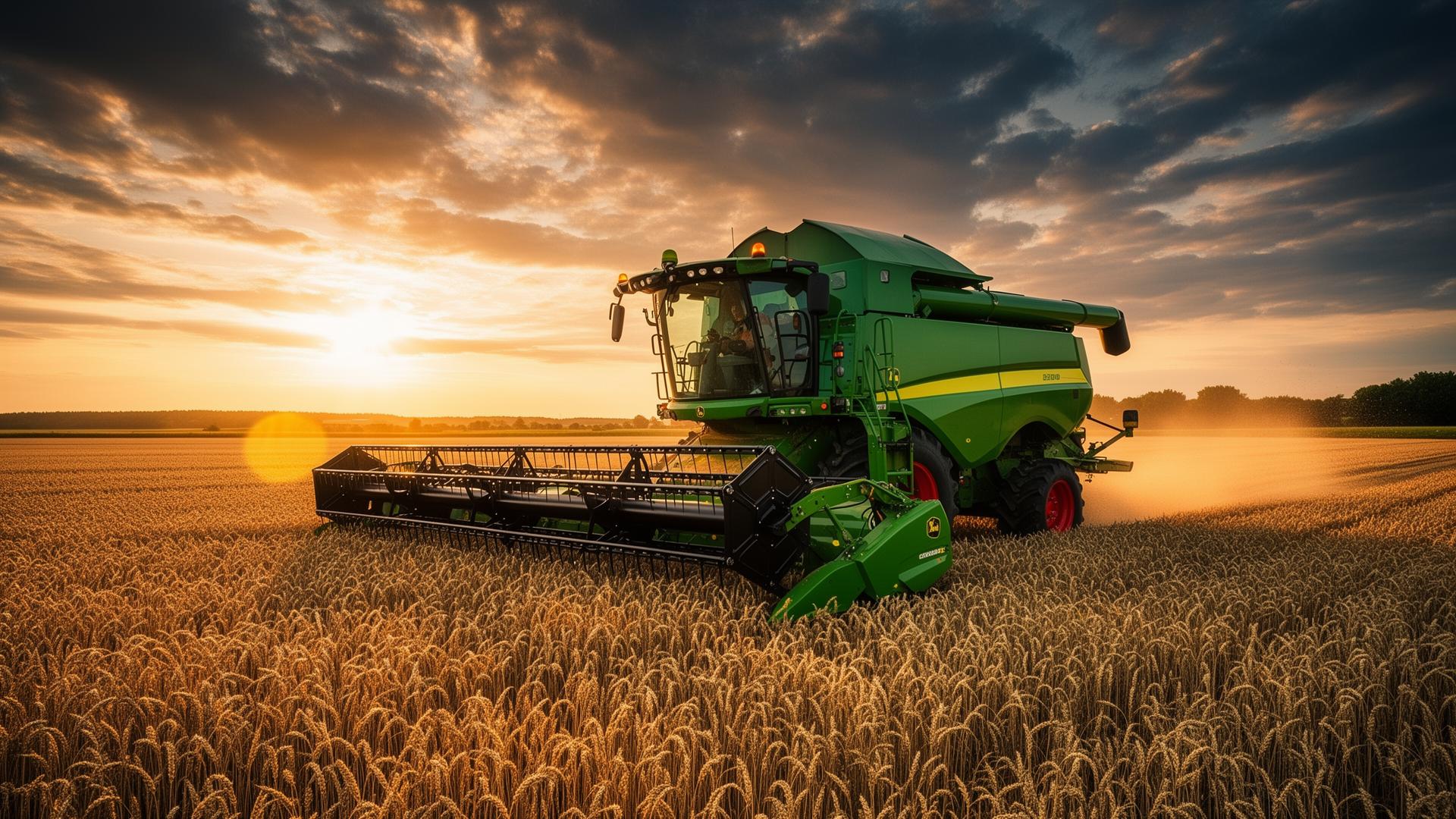 Combine harvester at golden hour in a wheat field